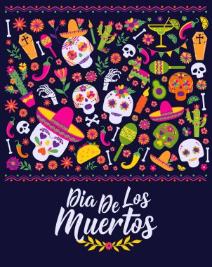 Dias de los Muertos tipografi sancak vektörü. İngilizce çeviri ile ölüm bayramı. Meksika Fiesta kartları ya da parti davetiyesi, poster tasarımı.