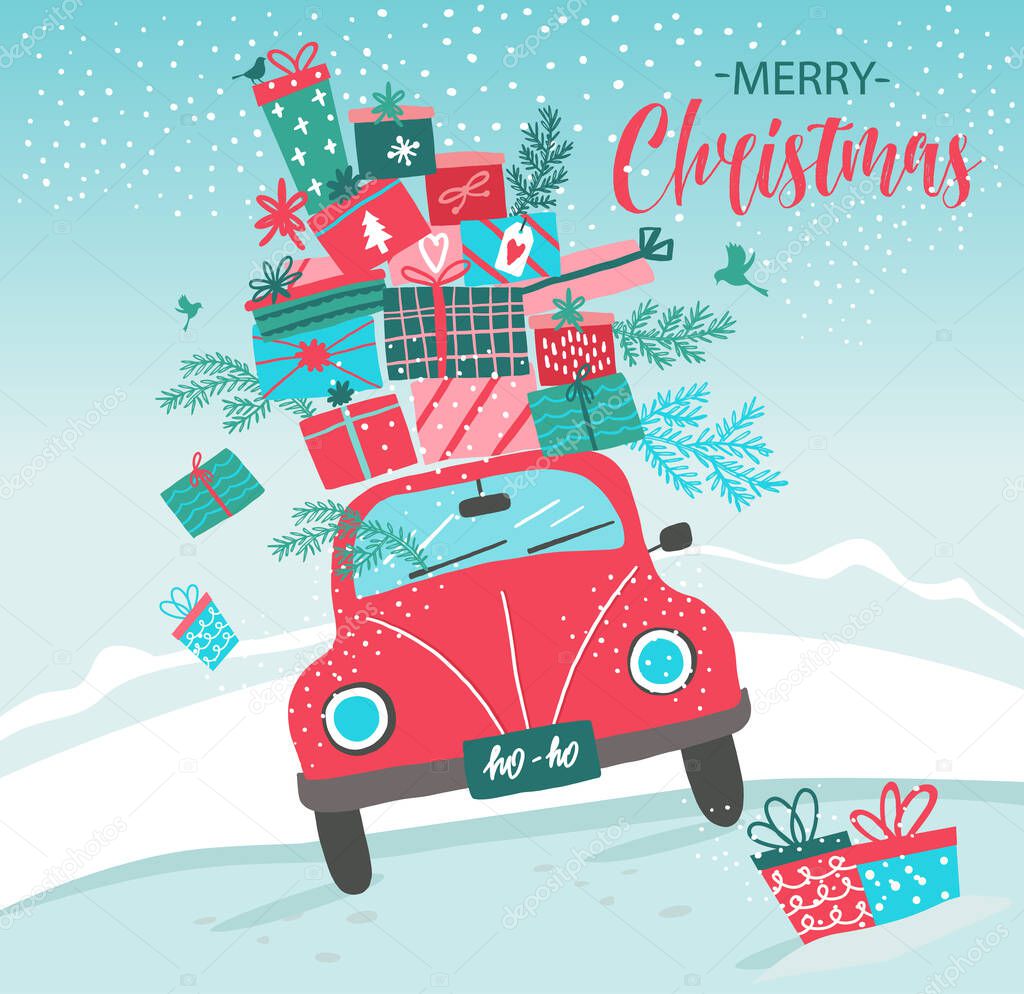 Vector picture with red car and Christmas gifts. Christmas picture. Red pickup. New year illustration delivery service.