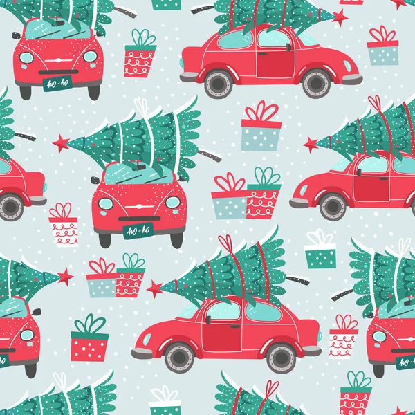 Vector seamless pattern with red car and Christmas tree. Christmas picture. Red pickup. New year illustration surface delivery service. — Stock Vector