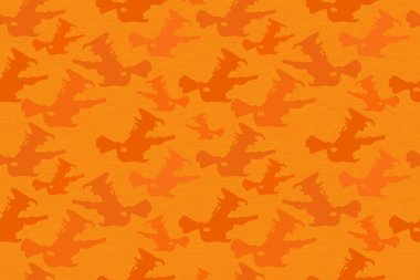 Cadı ve süpürge siluetleri. Turuncu, pürüzsüz desen.