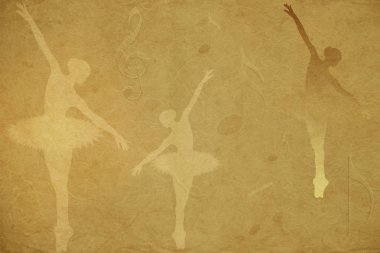 Female ballet dancer silhouettes wearing tutus and music notes on a beige rice paper textured background. clipart
