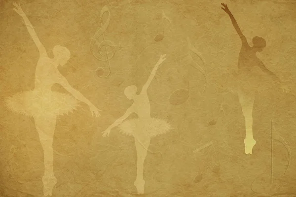 Female ballet dancer silhouettes wearing tutus and music notes on a beige rice paper textured background.