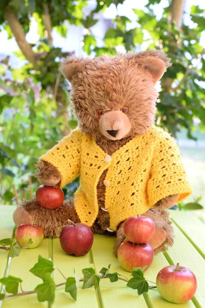 Urso Peluche Usando Casaco Amarelo Está Sentado Uma Mesa Verde — Fotografia de Stock