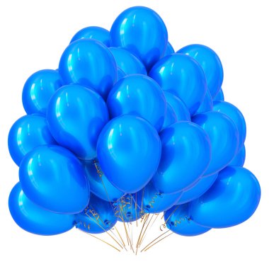 Balon grup renkli mavi. Parti, Doğum günü dekorasyon parlak. Helyum balonlar. Tatil, yıldönümü, karnaval kutlama sembolü. 3D çizim