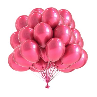Pembe parti balon grup romantik renkli. Helyum balonlar Doğum günü dekorasyon parlak. Tatil, yıldönümü, evlilik, düğün kutlamak sembolü. 3D çizim