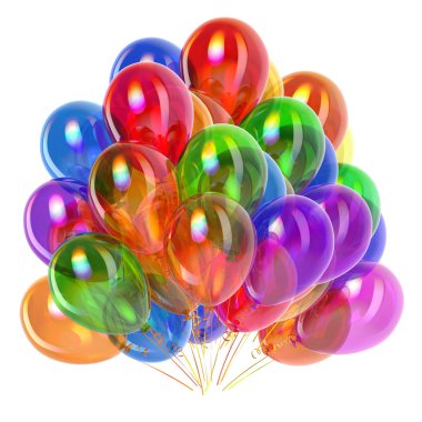 Parti balonları renkli, Doğum günü dekorasyon çok renkli, parlak renkler farklı grup helyum balonu. Tatil, yıldönümü tebrik kartı kutlamak. 3D çizim