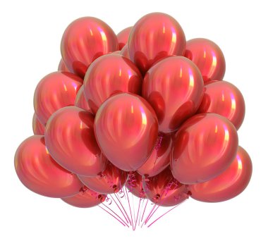 Kırmızı helyum balonları renkli grup. Doğum günü dekorasyon parlak. Parti Balon grubu. Tatil, yıldönümü, karnaval kutlama sembolü. 3D çizim