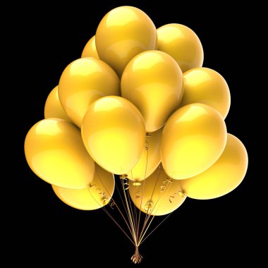 İyi ki doğdun parti dekorasyon renkli parlak sarı balonları değildik. 3d illüstrasyon izole siyah arka plan üzerine,
