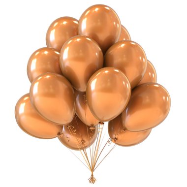 Altın parti balon grup. İyi ki doğdun dekorasyon lüks, balonlar parlak sarı. Tatil, yıldönümü, kutlama, tebrik kartı, davet arka plan. 3D çizim