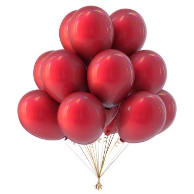 Kırmızı renkli balonlar, Doğum günü, parti dekorasyon parlak. Helyum balon grup. 3d illüstrasyon izole,