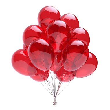Balon kırmızı parti Doğum günü dekorasyon parlak, helyum balonları grup parlak. Mutlu tatil, yıldönümü daveti tebrik kartı tasarım öğesi kutlamak. 3D çizim