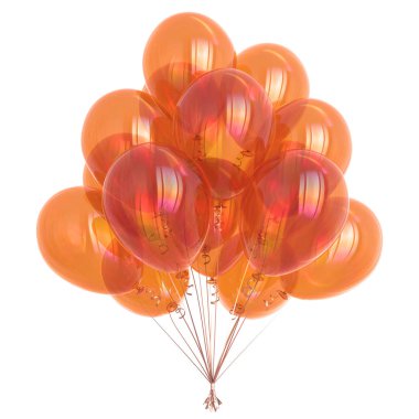 Doğum günü balon demet renkli portakal, parti dekorasyon parlak, parlak sarı helyum balonlar. Mutlu tatil, yıldönümü kutlamaları, eğlenceli bir sembolü. 3D çizim