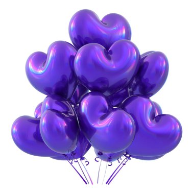 Mor balon kalp şeklinde, Doğum günü parti dekorasyon mavi renkli parlak. Sevgililer günü simgesi. Tatil kutlama tebrik kartı arka plan. 3D çizim