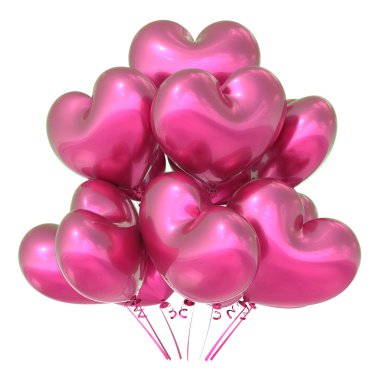 Pembe Kalp balonlar. Doğum günü partisi, karnaval dekorasyon. Helyum balon grup romantik parlak. Sevgililer günün kutlu olsun, aşk kutlama tebrik kartı tasarım öğesi. 3D çizim
