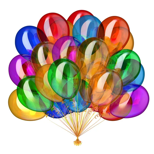 Multicolored balloons party, birthday decoration colorful, helium balloon bunch glossy different  color. Holiday event, anniversary celebration greeting card. 3d illustration