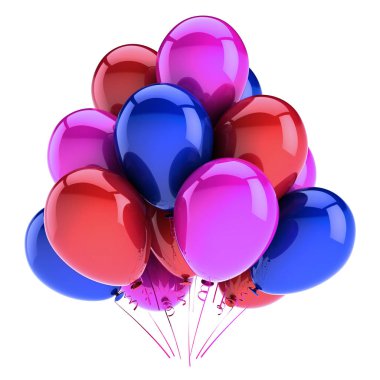 Dekorasyon doğum günü parti balonu mor kırmızı, helyum balon grup mavi. Tatil, karnaval, tebrik kartı, davet arka plan kutlamak. 3d illüstrasyon izole,