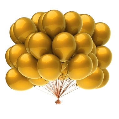 Doğum günü balonları parti dekorasyon sarı parlak. Altın balon grup. Tatil, yıldönümü, davetiye tasarım öğesi kutlamak. 3D çizim