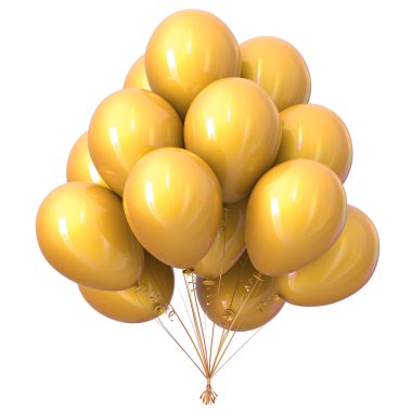 Balonlar sarı renkli parlak. Doğum günü parti balon grup dekorasyon. tatil olay, yıldönümü kutlama sembolü. 3D çizim