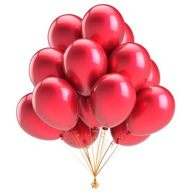 parlak kırmızı renkli balon grup. olay, Doğum günü parti dekorasyon. helyum balonları parlak. tatil, yıldönümü, kutlama sembolü. 3D çizim
