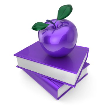 Mor elma ve iki kitap mavi 3D çizimi. Eğitim, eğitim, okul kolej bilgi bilgelik bu fikre, geri okul simgesi kavramı