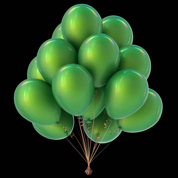 holiday balloons bunch green color. anniversary birthday party decoration. 3d illustration, isolated on black