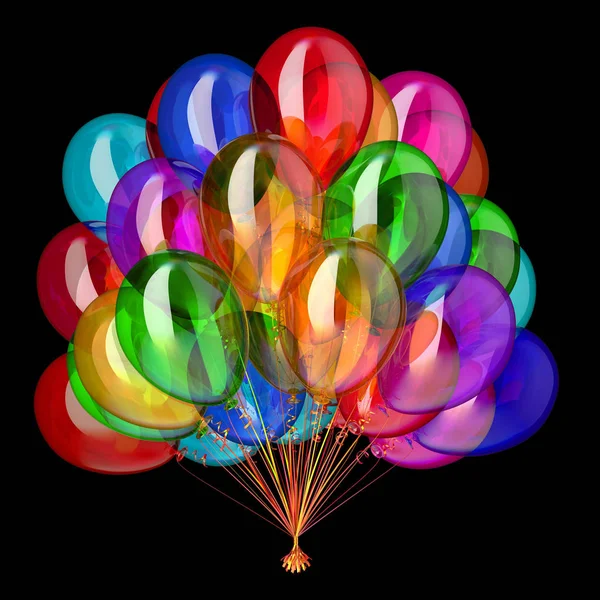 party balloons colorful, happy birthday helium balloon bunch, holiday decoration multicolored. different color celebrate symbol. 3D illustration, isolated on black