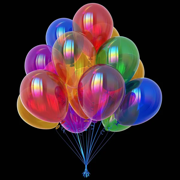 multicolor helium balloons bunch. colorful birthday party decoration. 3D illustration, isolated on black