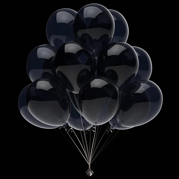 Black party helium balloons isolated on black background. 3D illustration