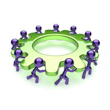 Ortaklık, insan gücü karakter yeşil mavi. Dişli çark takım çalışması, karikatür iş süreci. Takım iş erkek işçiler gearwheel birlikte dönüm. Topluluk işbirliği kavramı. 3D çizim