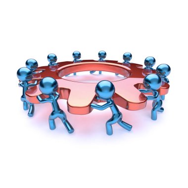 Ekip çalışması dişli çark karakterler, karikatür iş süreci. Takım iş erkek işçiler gearwheel birlikte dönüm. Ortaklık, insan gücü işbirliği, yapmak kolay kavramı. 3D çizim