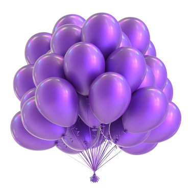 Menekşe mor balon Grup, Doğum günü parti dekorasyon mavi, parlak helyum balonlar. Tatil, yıldönümü davetiye, tebrik kartı tasarım öğesi kutlamak. 3D çizim