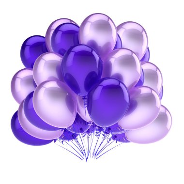 violet, parti Doğum günü karnaval dekorasyon balonları mavi. helyum balon grup parlak. tatil, yıldönümü, kutlama tebrik kartı tasarım öğesi. 3D çizim