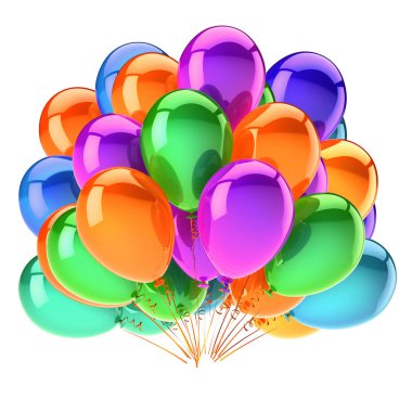 renkli balonlar parti Doğum günü karnaval dekorasyon turuncu yeşil mor. helyum balon grup çok renkli. mutlu tatil yıldönümü tebrik kartı tasarım öğesi. 3D çizim