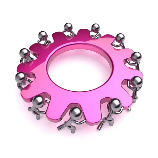 Pink Gear Wheel Teamwork Characters Cogwheel Business Process Team Work — Stock Photo, Image