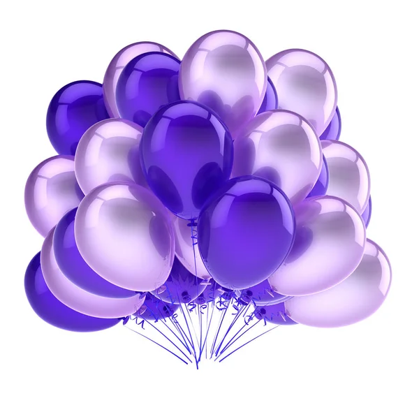 Purple balloon bunch, birthday party decoration blue, glossy helium balloons  violet translucent. Holiday anniversary celebrate invitation greeting card  design element. 3d illustration Stock Illustration