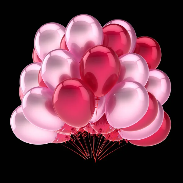 balloons red pink, party birthday carnival decoration. helium balloon bunch glossy. holiday, anniversary, celebration greeting card design element. 3D illustration, isolated on black.