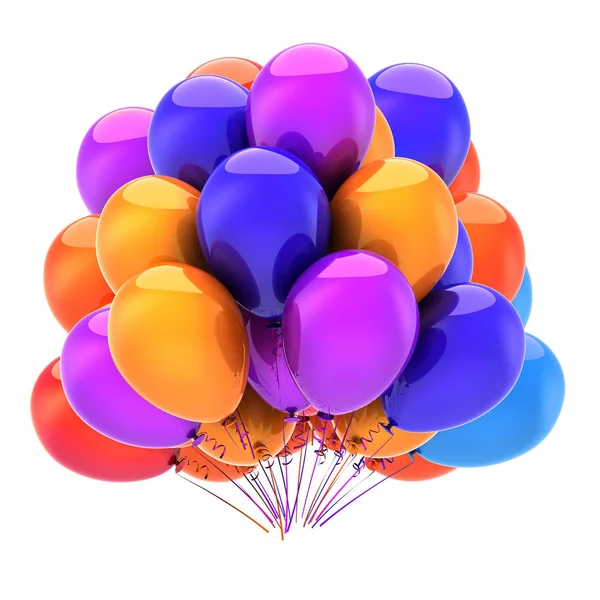 balloons happy birthday party decoration multicolored. colorful helium balloon bunch blue orange purple. anniversary celebrate, holiday event symbol. 3D illustration.