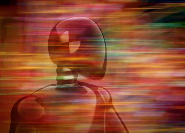 Robot hız içinde yapay arka plan renkli çizgili. fütüristik cyborg teknolojisi bot, android karakter kavramı mühendislik. 3D çizim