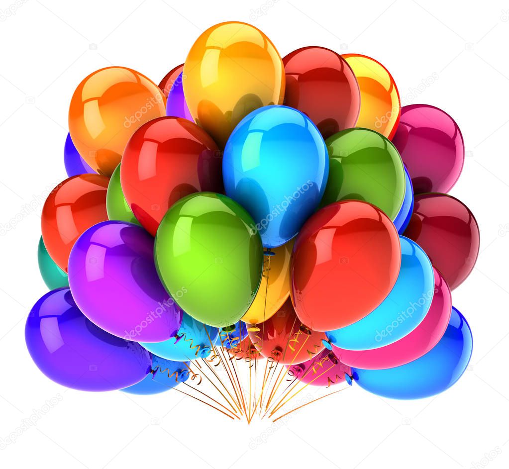 3D illustration balloons happy birthday party decoration multicolored. colorful helium balloon bunch. anniversary celebration, happy holiday symbol