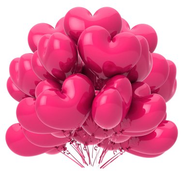 Pembe kalp şeklinde, balonlar parti helyum balon grup seviyorum. Doğum günü, düğün, evlilik dekorasyon romantik. tatil, yıldönümü kutlama sembolü. 3D çizim