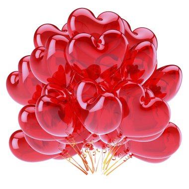 kalp parti balonları kırmızı yarı saydam. Romantik aşk helyum balon grup. Doğum günü, düğün, evlilik dekorasyon. tatil, yıldönümü kutlama sembolü. 3D çizim