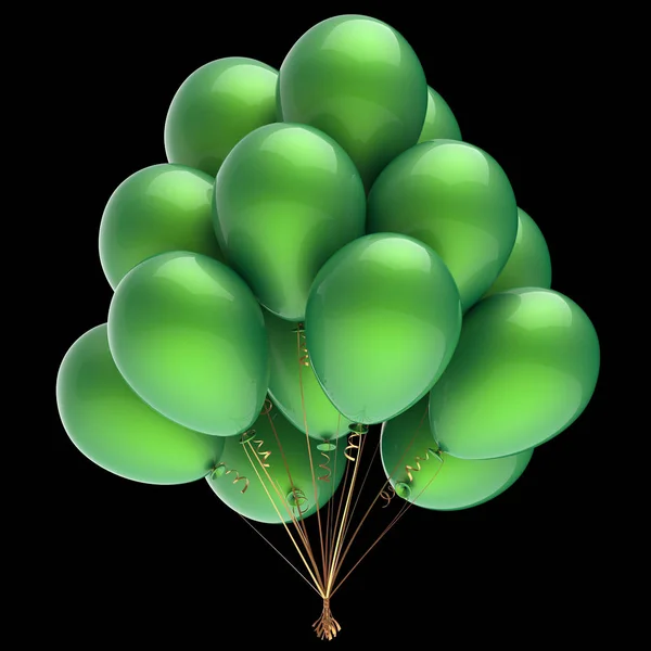 Green Helium Balloons Bunch Party Decoration Classic Illustration Isolated Black — Stock Photo, Image