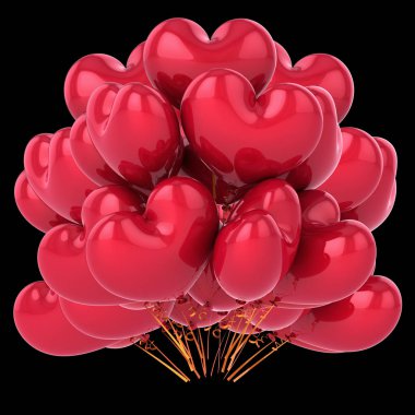 Kırmızı kalp şeklinde, balonlar parti helyum balon grup seviyorum. Doğum günü, düğün, evlilik dekorasyon romantik. tatil, kutlama sembolü. 3d illüstrasyon izole siyah üzerine,