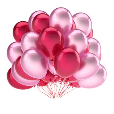 Balonlar kırmızı pembe hassasiyet. Doğum günü partisi karnaval dekorasyon. helyum balon grup romantik parlak. tatil, yıldönümü, kutlama tebrik kartı tasarım öğesi. 3D çizim
