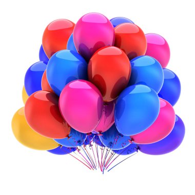 mutlu yıllar, karnaval dekorasyon kırmızı pembe mavi, renkli parti balonu. helyum balon grup çok renkli. tatil olay, yıldönümü daveti tebrik kartı. 3D çizim
