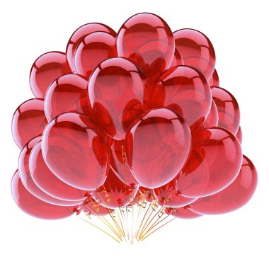 Parti balonları kırmızı Doğum günü dekorasyon parlak. helyum balon grup parlak. tatil, yıldönümü kutlamaları, davet tebrik kartı tasarım öğesi. 3D çizim