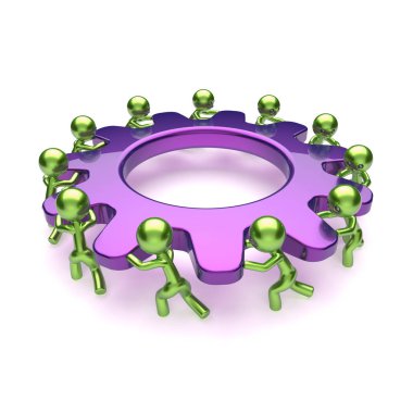 ekip çalışması karikatür iş süreci karakterler, mor dişli çark soyut. takım iş erkekler gearwheel birlikte dönüm. Ortaklık, insan kaynakları işbirliği, yapmak kolay kavramı. 3D çizim