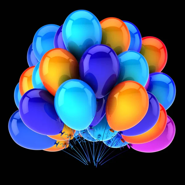 カラフルなヘリウム風船の束青オレンジ バルーン グループ誕生日装飾多色光沢のある パーティー招待状の背景魅力的 イラスト 黒の分離 — ストック写真