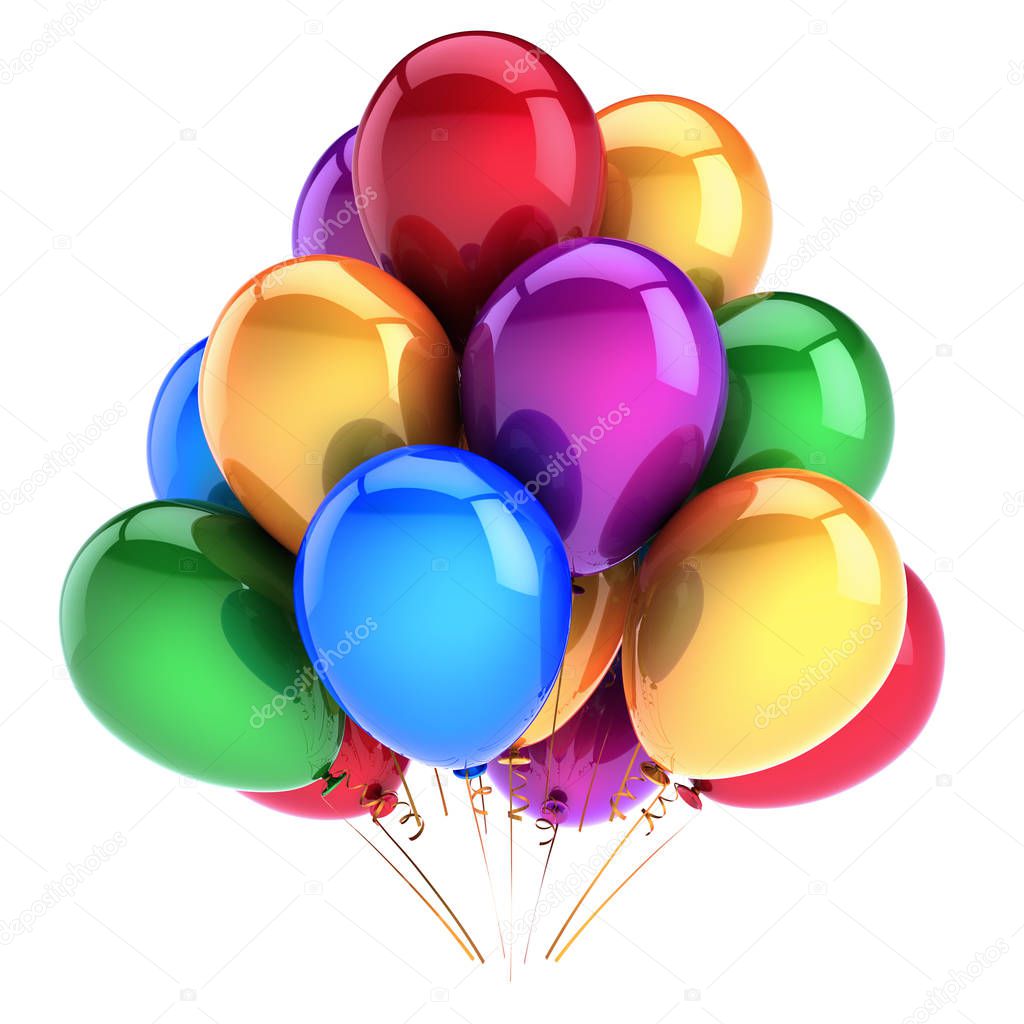 colorful balloons birthday party decoration multicolored red purple yellow green. 3d rendering illustration. isolated over white