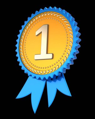 bir 1 ödül şerit. 1. ilk sıra altın mavi madalya. şampiyon kazanan ödül, başarı başarı simgesi. 3d illüstrasyon izole siyah üzerine,